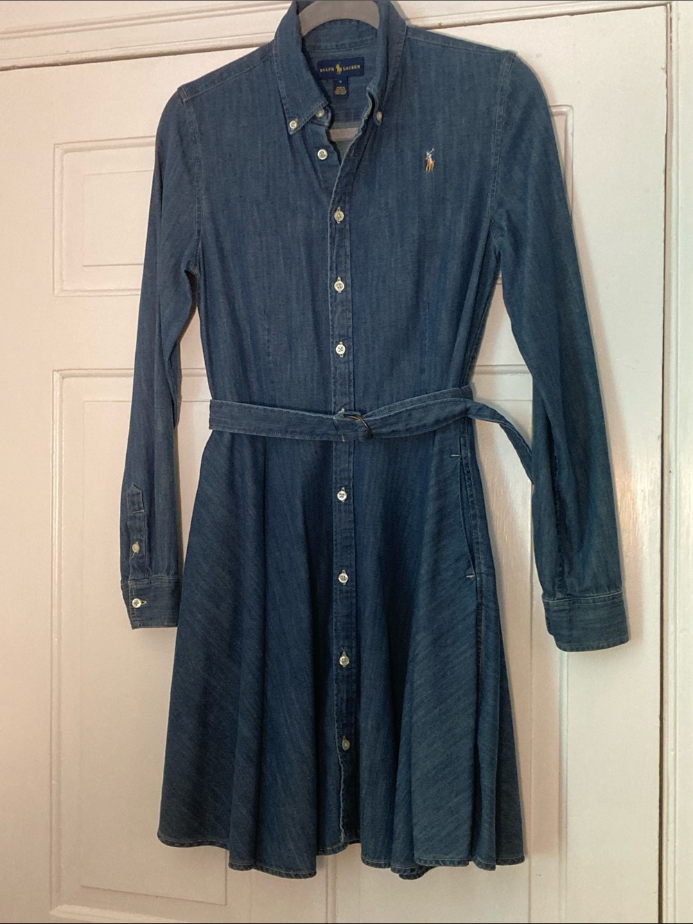 Ralph Lauren Dark Denim Button-Front Shirt Dress with Belt. Size: 16 (girls)